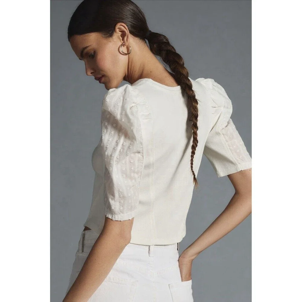 By Anthropologie Puff-Sleeve Structured V-Neck Tee Blouse T-Shirt Ribbed XS